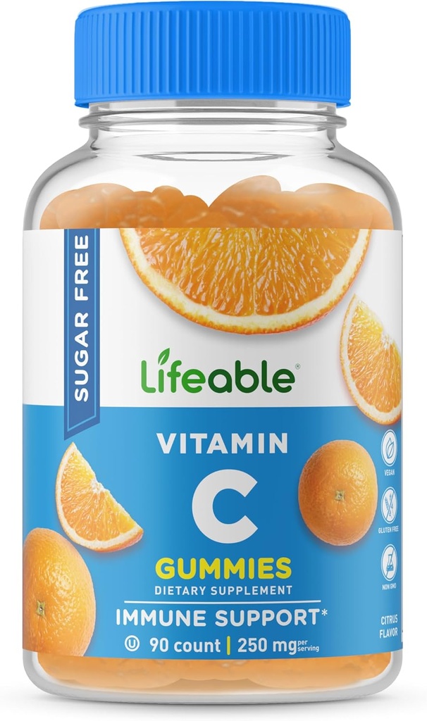 Lifeable Sugar Free Vitamin C - 250 mg - Great Tasting Natural Flavor Gummy Supplement - Vegetarisk GMO- Free Chewable Vitaminer - for immunforsvar - for voksne - 90 Gummies