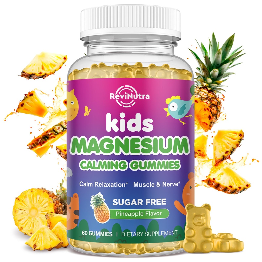Kids Magnesium Gummier, Magnesium Glycinat Gummier for børn og voksne med L-Theanin, Kamille, Lakrids, D-vitamin, B6 til søvn, afslapning, hjerne & muskel, sukkerfri ananas 60ct