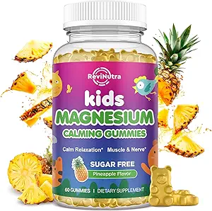 Kids Magnesium Gummier, Magnesium Glycinat Gummier for børn og voksne med L-Theanin, Kamille, Lakrids, D-vitamin, B6 til søvn, afslapning, hjerne & muskel, sukkerfri ananas 60ct