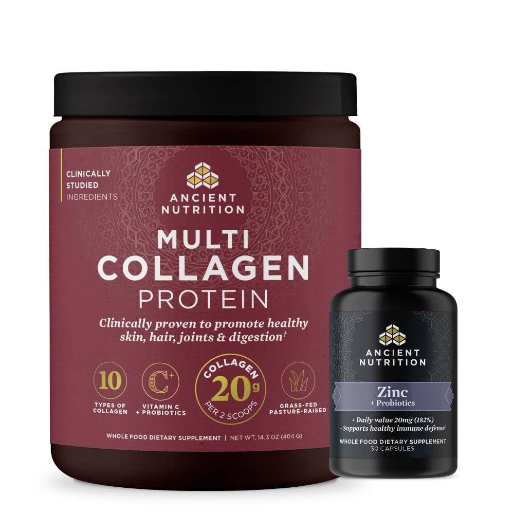 Ancient Nutrition Zink kapsler, 30 Count + Multi Collagen Protein Powder, Unflavored, 40 Servere