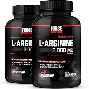 Force Factor L-Arginine, Nitric Oxide Supplement with BioPerine to Help Build Muscle & Support Stronger Blood Flow, Circulation, Nutrient Delivery, & Pumps, L-Arginine 3000mg, 150 Count (Pack of 2)