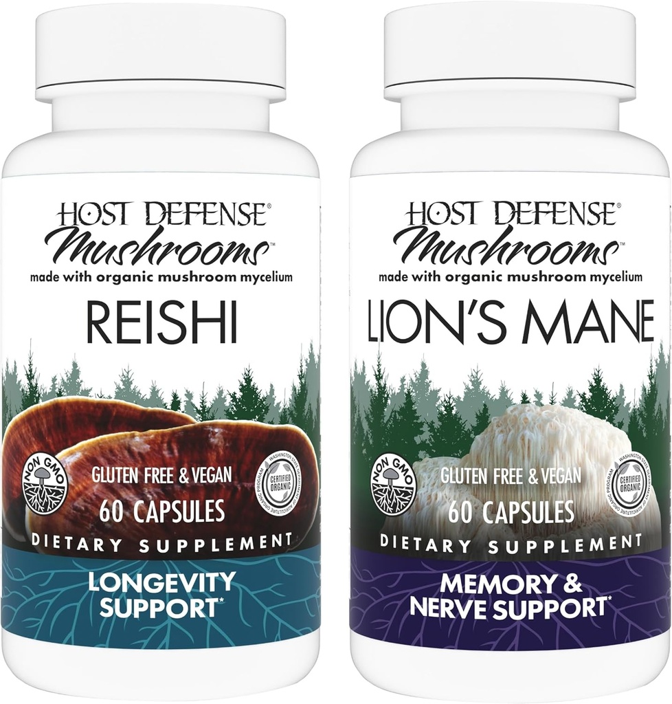 Host Defense Bundle med Reishi kapsler, 60 Greve & Lions Mane Kapsler, 60 Greve - Support Heart & immunforsvar - Support Brain Health, Memory & Focus *