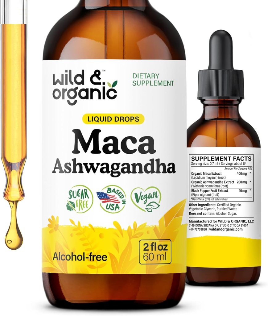Wild & Organic Maca Ashwagandha Drops til mænd og kvinder - Peruvian Maca Root og Ashwagandha Tincture til samlet støtte - Vegan, Sukker & Alkohol- Free Extract Supplement - 2 fl oz