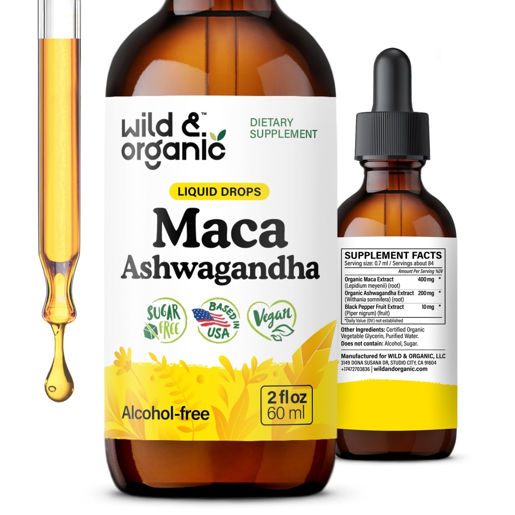 Wild & Organic Maca Ashwagandha Drops til mænd og kvinder - Peruvian Maca Root og Ashwagandha Tincture til samlet støtte - Vegan, Sukker & Alkohol- Free Extract Supplement - 2 fl oz