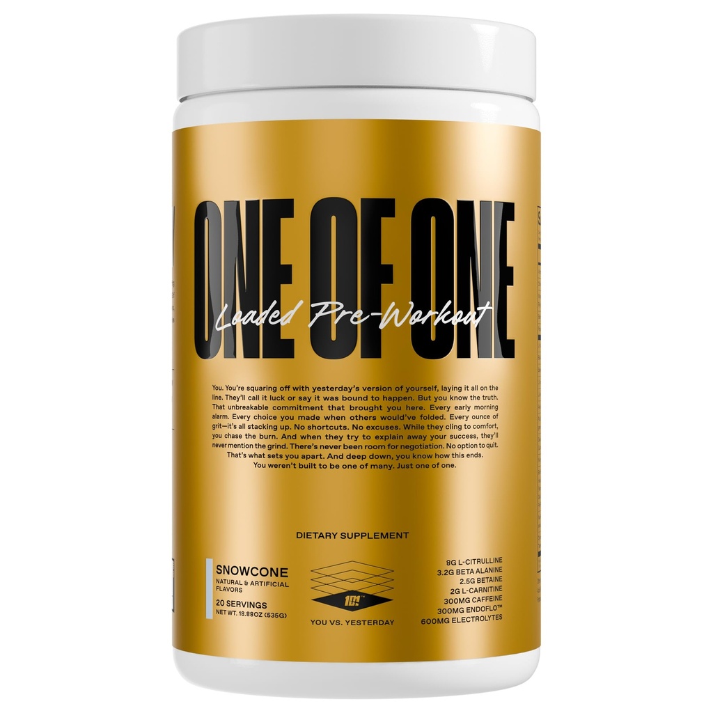 One of one Loaded Pre- Workout - High- Stim Energy, Focus & Endurance med EndoFlo ™, Genius Pure ™ Alpha GPC, NeuroRush ™, Dynamin ®, No Crash, Gluten Free - Snow Cone
