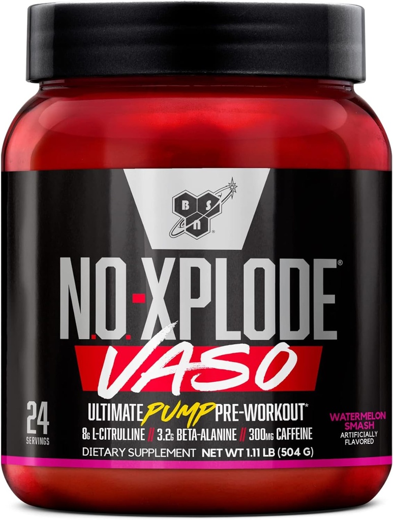 BSN N.O.-XPLODE Vaso Pre Workout Powder with 8g of L-Citrulline and 3.2g Beta-Alanine and Energy, Flavor: Watermelon Smash, 24 Servings