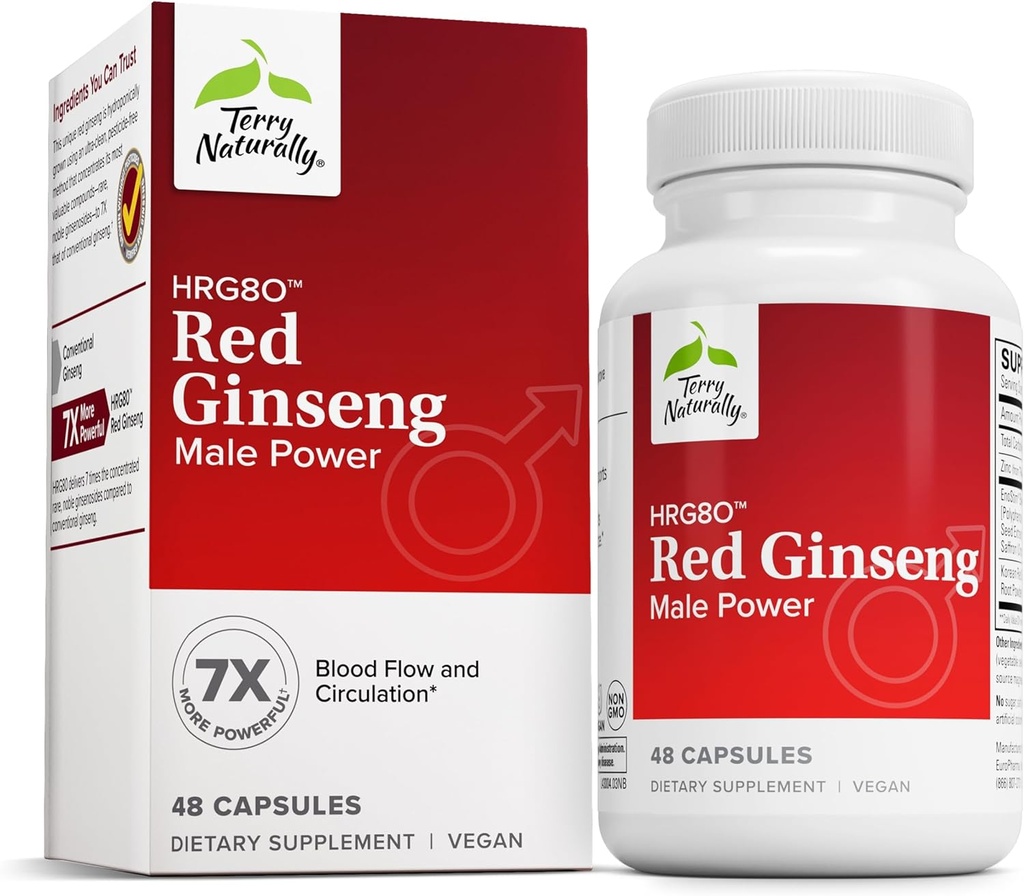 Terry naturligt HRG80 Red Ginseng Mandlige Power - Blood Circulation & Endurance Support - Kosttilskud med Ginseng & Zink - Urtetilskud til energistøtte - 48 kapsler