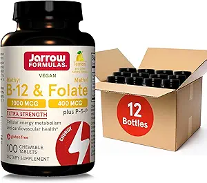 Jarrow Formulas Methyl B- 12 1000MCG & Methyl Folate 400MCG, Ekstra Styrke, Cellular Energy Metabolisme & Kardiovaskulær Health Formel (1) Med P- 5- P, 100Chewable Tabs, Op til en 100 dages suppl, 12Packs