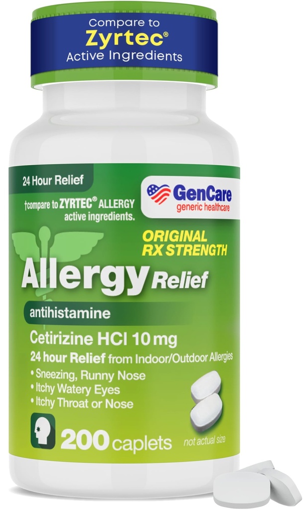 GenCare - Cetirizine HCL 10 mg (200 kapsler) - 24 timers Allergi Relief piller - Non Drowsy Generisk OTC Allergi Medicin - Antihistamin Medicin til nysen, Runny Næse & Itchy Eyes - Generisk Zyrtec