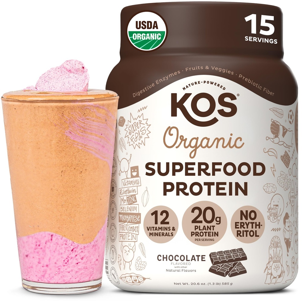 KOS Plantebaseret protein pulver, chokolade USDA Organic - Low Carb Pea Protein Blend, Vegansk superfood med vitaminer og mineraler - Keto, Soy, Dairy Free - Måltidserstatning for kvinder & mænd - 15 Servering