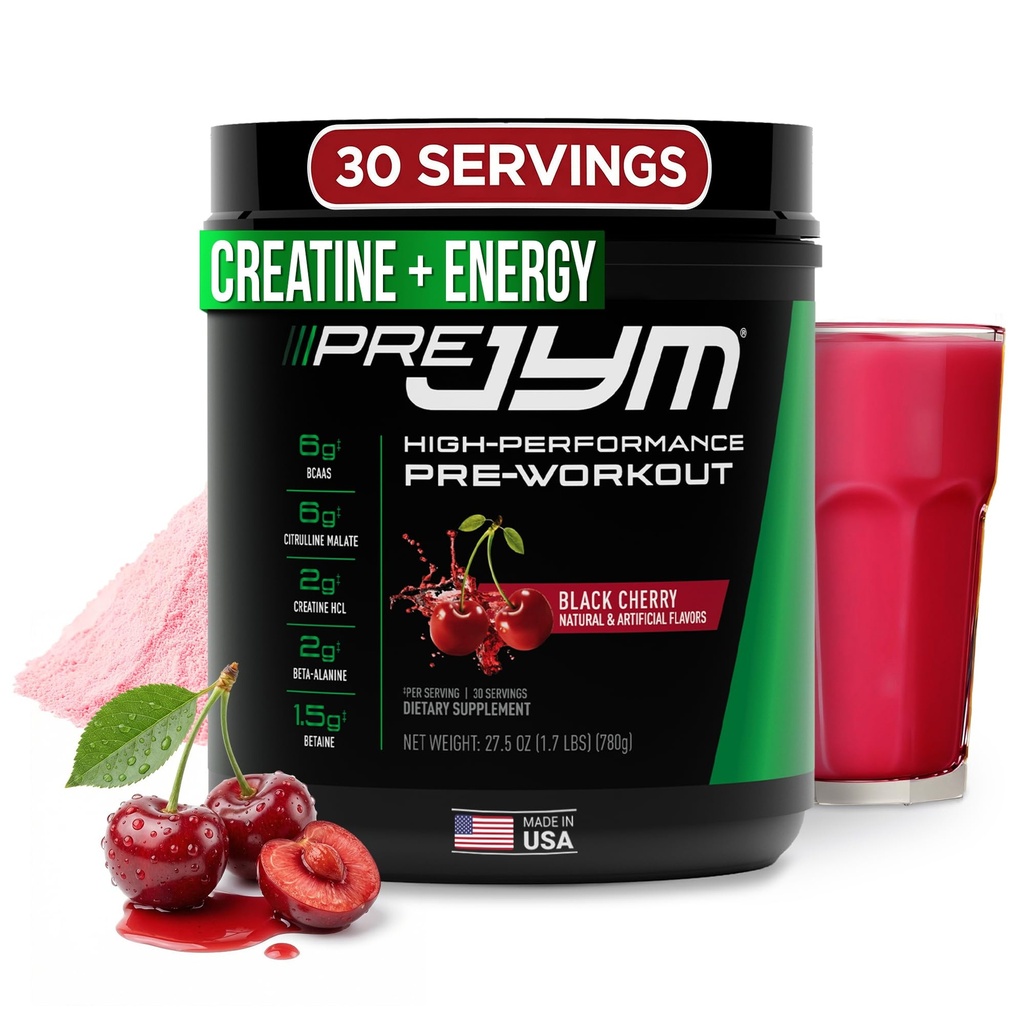 JYM Supplement Science Pre JYM Black Cherry Pre Workout Pulver til mænd og kvinder, BCAA, Nootropics, Creatin HCI, Citrullin, Beta- Alanine, Betaine, Taurine, Huperzine, 30 Servere