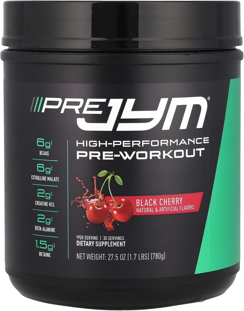 JYM Supplement Science Pre JYM Black Cherry Pre Workout Pulver til mænd og kvinder, BCAA, Nootropics, Creatin HCI, Citrullin, Beta- Alanine, Betaine, Taurine, Huperzine, 30 Servere