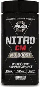 PMD Sports Nitro CM Nitrooxid med Agmatine Pre Workout Supplement - Muskelvækst og Muskelpumpe med L Arginin - Endurance Boost til Hardcore træning og Bodybuilding Preworkout (180 kapsler)