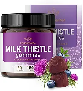 HERBAMAMA Milk Thistle Supplement - 1500mg Milk Thistle Seed Gummies for Lever Cleanse - Vegan, non-GMO lever support med Silybum Marianum - 60 pectin- baserede Blueberry- smag Chews