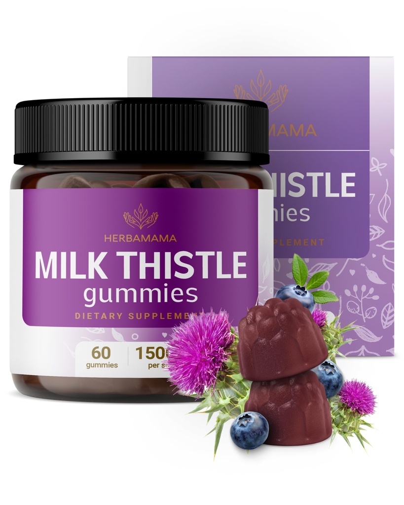 HERBAMAMA Milk Thistle Supplement - 1500mg Milk Thistle Seed Gummies for Lever Cleanse - Vegan, non-GMO lever support med Silybum Marianum - 60 pectin- baserede Blueberry- smag Chews