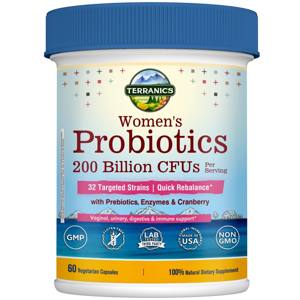 Terranics Daglige Probiotika for Kvinder, 200 Millioner 32 Stammer Kvinder Probiotika, med Cranberry, Prebiotics & Enzymes, Rebalance Vaginal Flora & pH, Forsinket udgivelse, Hylde Stable, 60 Vegan Caps