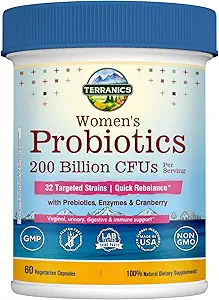 Terranics Daglige Probiotika for Kvinder, 200 Millioner 32 Stammer Kvinder Probiotika, med Cranberry, Prebiotics & Enzymes, Rebalance Vaginal Flora & pH, Forsinket udgivelse, Hylde Stable, 60 Vegan Caps