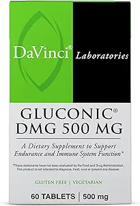 DAVINCI Labs Gluconic DMG 500 mg - Kosttilskud til Support Endurance and immunsystem Funktion * - med 500 mg N, N- Dimethylglycin per tablet - Vegetarisk - Gluten- Free - 60 tyggetabletter