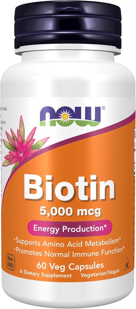 Now Foods Supplements, Biotin 5000 mcg, Aminosyremetabolisme *, Energiproduktion *, 60 Veg kapsler