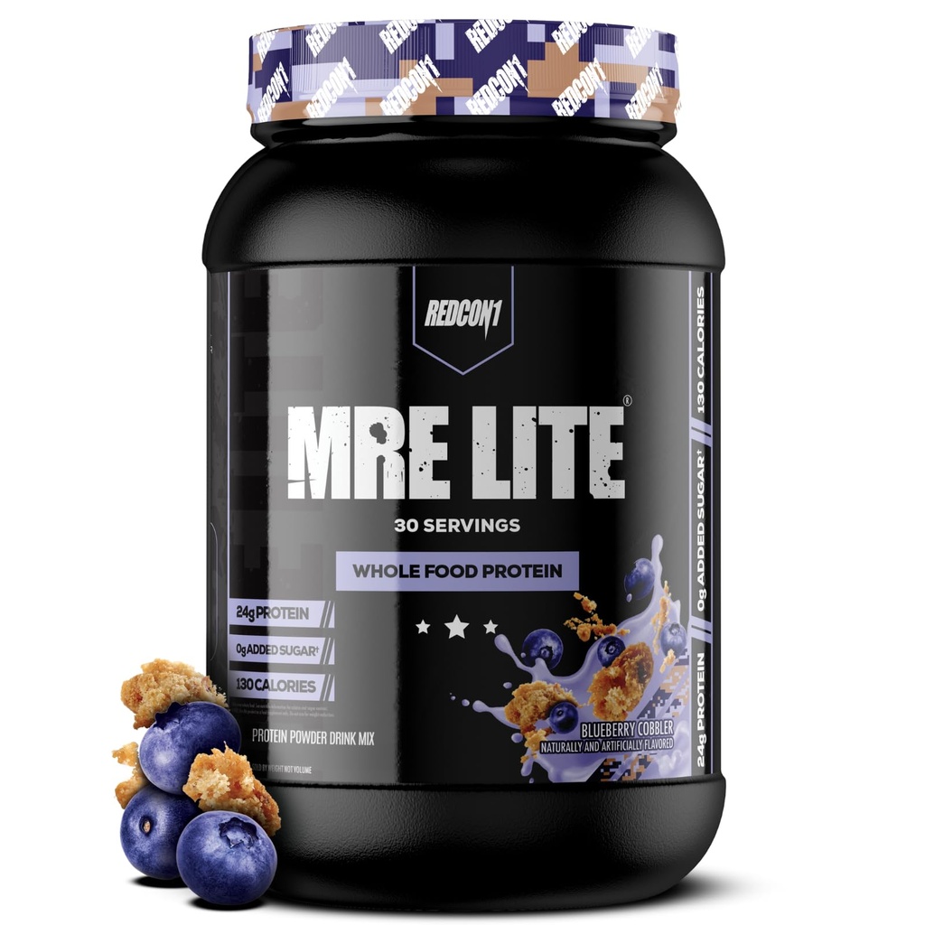 REDCON1 MRE Lite Whole Food Protein Powder, Blueberry Cobbler - Low Carb & Whey Free Meal Erstatning med Animal Protein Blends - Nem til det største tillæg lavet med MCT Olies (30 Servere)