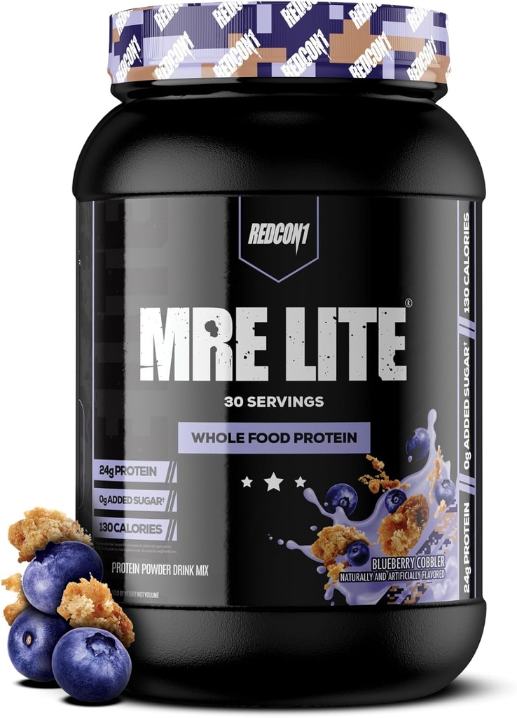 REDCON1 MRE Lite Whole Food Protein Powder, Blueberry Cobbler - Low Carb & Whey Free Meal Erstatning med Animal Protein Blends - Nem til det største tillæg lavet med MCT Olies (30 Servere)