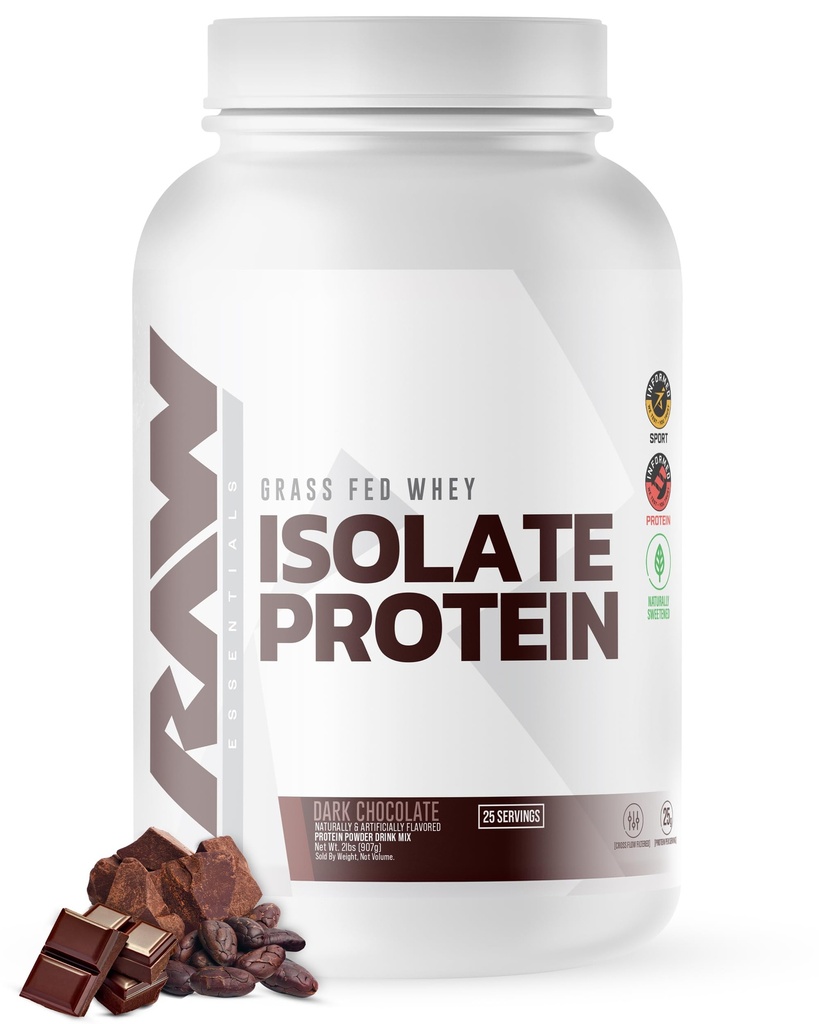 RAW Whey Isolate Protein Powder, mørk chokolade - 100% Grass- Fed Sport Nutrition Whey Protein Powder for Muscle Growth & Recovery - Low- Fat, Lav Carb, naturligt aromatiseret og sødet - 25 Serveringer