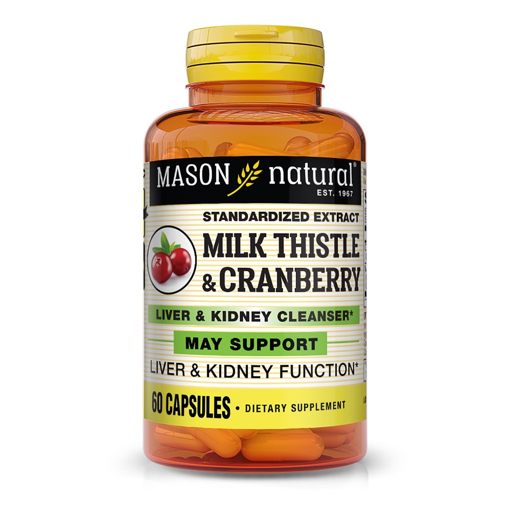 MASON NATURAL Milk Thistle / Cranberry Lever & Nyre Cleanser - Understøtter sund lever & Nyre funktion, Rengøring og Detox, 60 kapsler