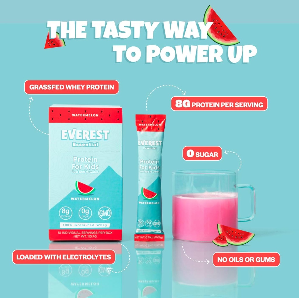 Everest Essential, Kid 's Clear Whey Protein Powder (Watermelon, 10 Packets) Protein Drink Mix for Kids, Electrolytes for Kids, 8g Protein Per Serving, Non GMO, Nul Tilføjet sukker