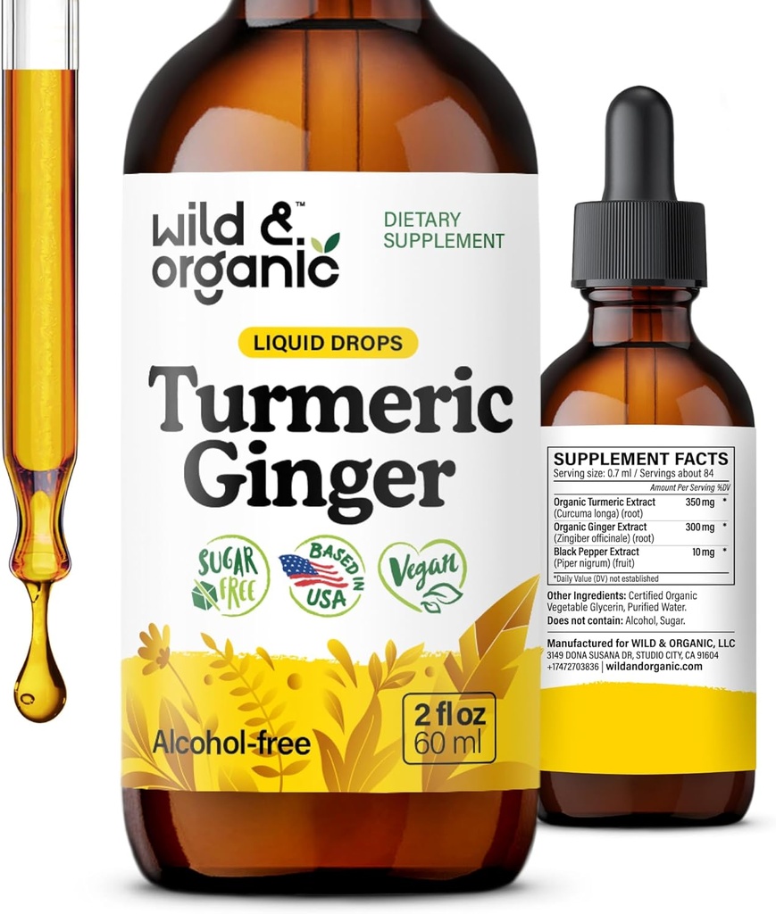 Wild & Organic Gurkemeje og Ingefær Supplement Drops - Joint & Immun Support - Flydende Gurkemeje med Ingefær og Black Pepper Extract - Curcumin Supplement - Vegan, Sukker & Alkohol- Gratis tinktur - 2 oz