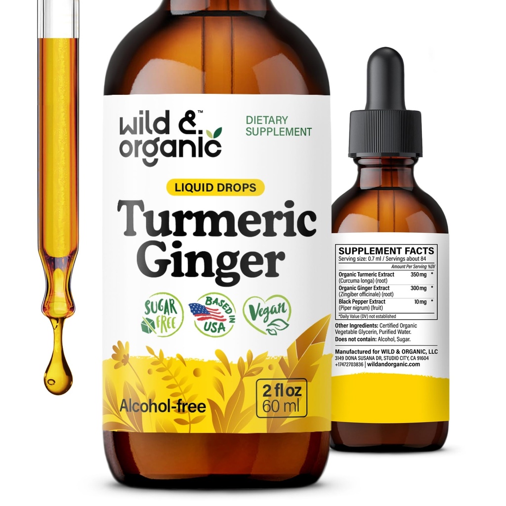 Wild & Organic Gurkemeje og Ingefær Supplement Drops - Joint & Immun Support - Flydende Gurkemeje med Ingefær og Black Pepper Extract - Curcumin Supplement - Vegan, Sukker & Alkohol- Gratis tinktur - 2 oz