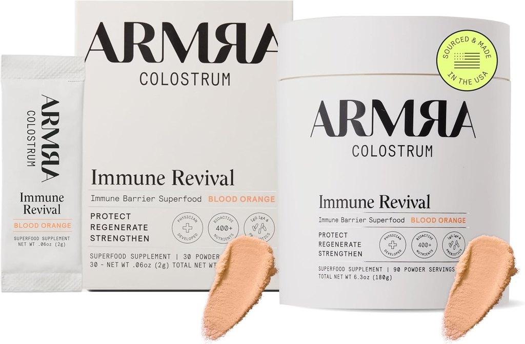 ARMRA Colostrum ™ Premium Powder, Grass Fed, Gut Health Bloating Immunity Skin & Hår, Indeholder 400 + bioaktive næringsstoffer, Keto, Gluten & Fat Free (Blood Orange Bundle Medic124; 120 Servere)