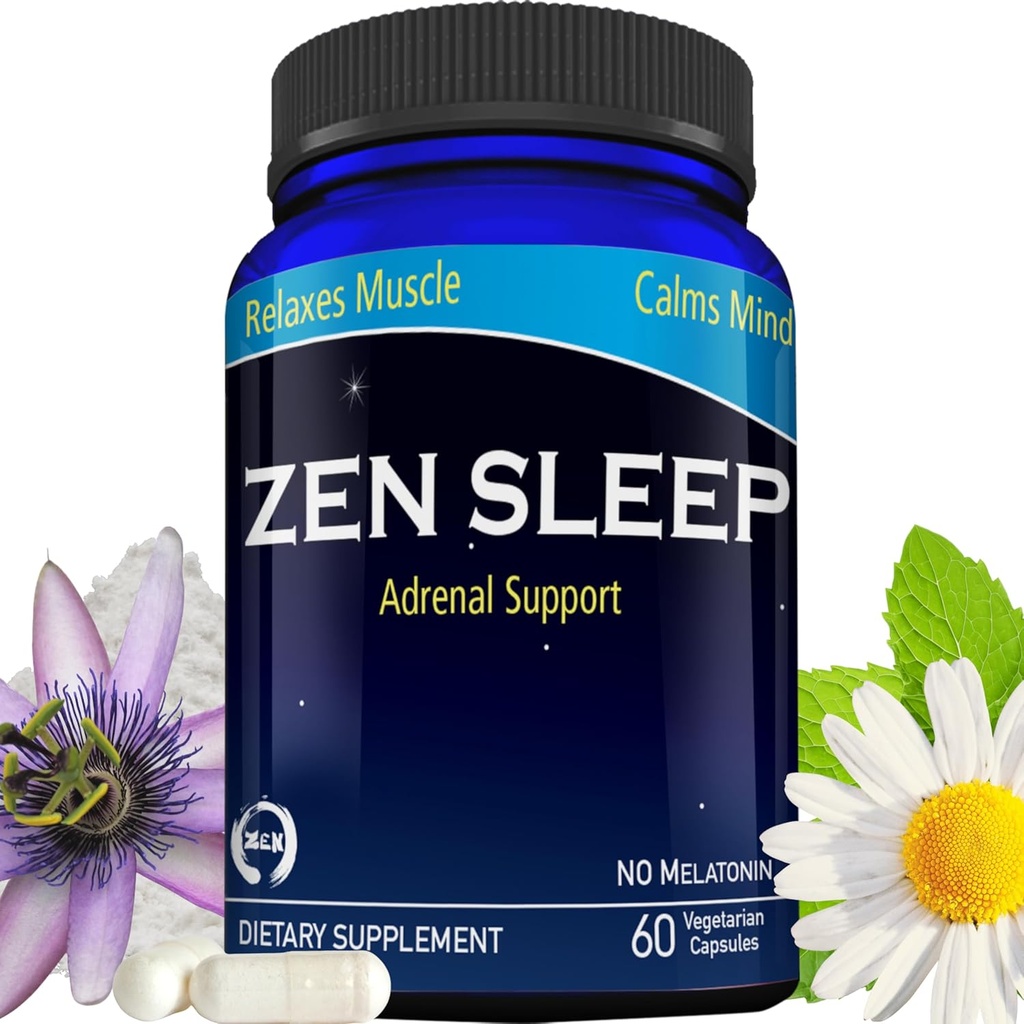 Zen Søvn er 124; Non- Addictive Sleep Aid w / Adrenal Support. Indeholder Magnesium og økologiske urter; kamille, Lemon Balm, Passionsblomst, Ingen melatonin