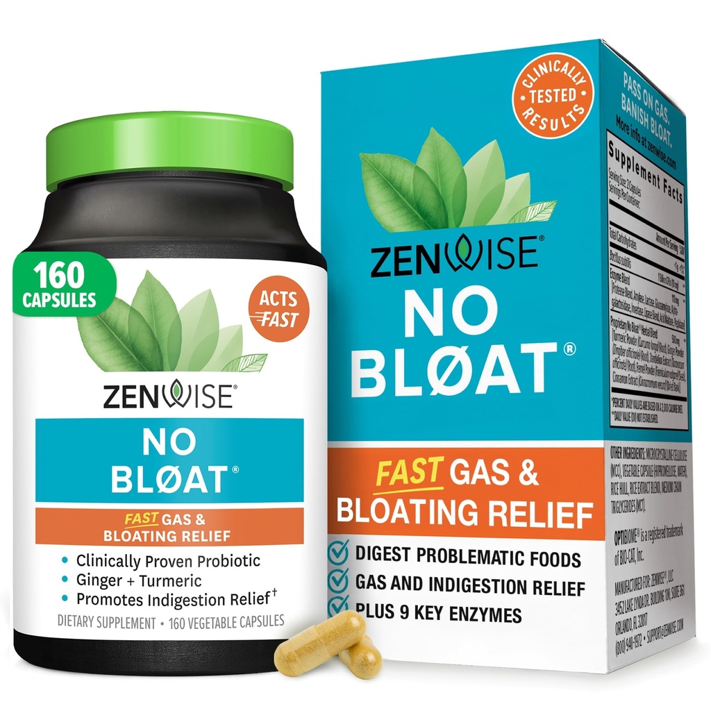 Zenwise Health No Bloat fordøjelsesenzymer til Gut Health, Gas & Bloating Relief - Multi Enzymes fordøjelse tillæg med probiotika, Ingefær, gurkemeje Mælkebøtte & Lactase - Mænd og kvinder - 160 Greve