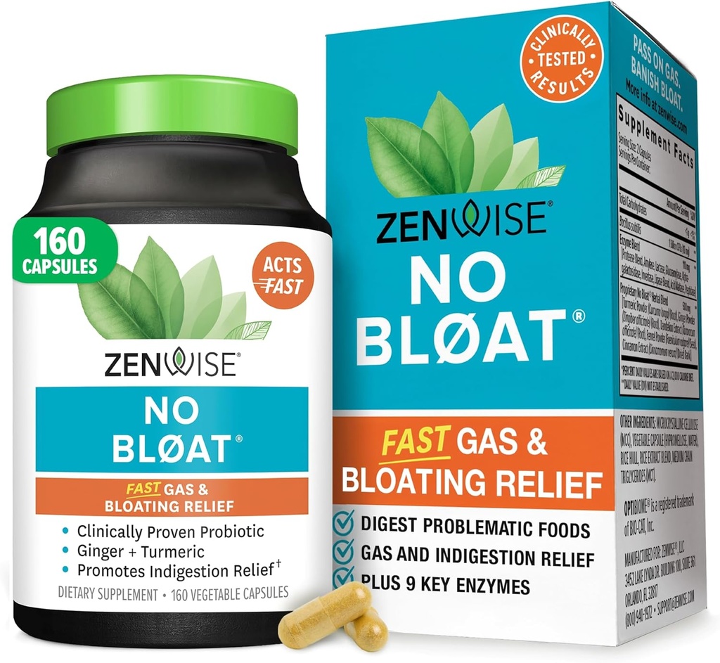 Zenwise Health No Bloat fordøjelsesenzymer til Gut Health, Gas & Bloating Relief - Multi Enzymes fordøjelse tillæg med probiotika, Ingefær, gurkemeje Mælkebøtte & Lactase - Mænd og kvinder - 160 Greve