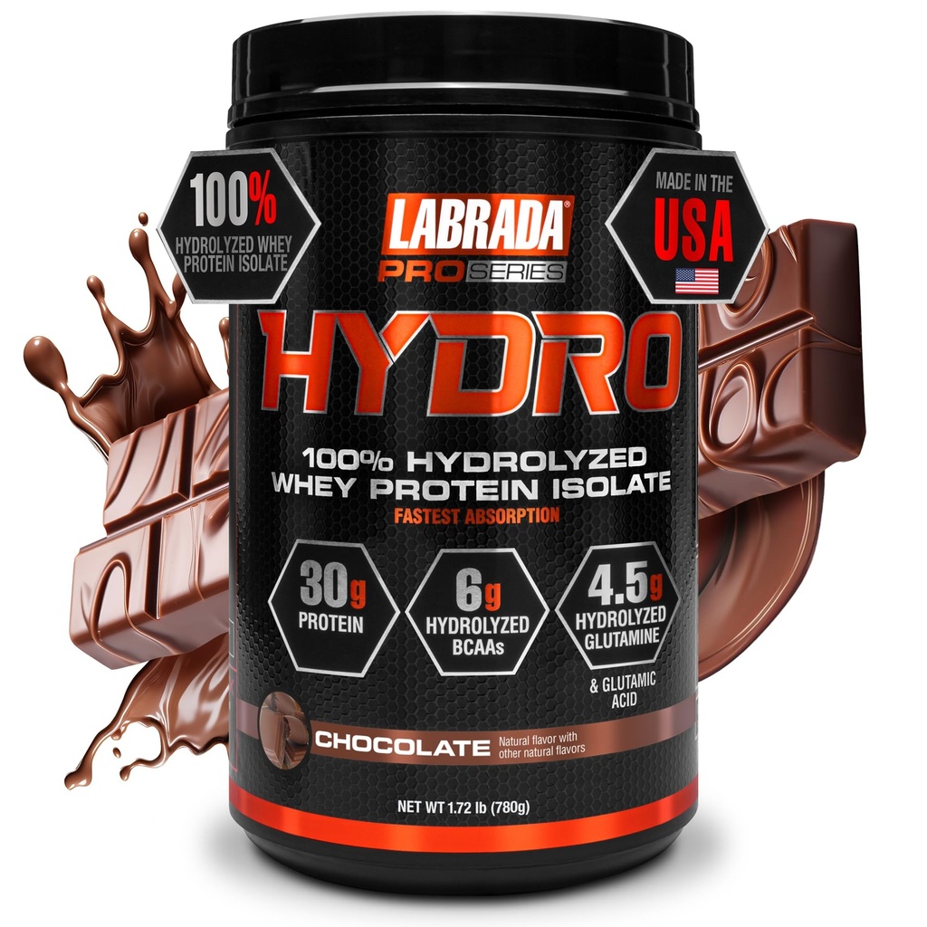 Labrada Hydro 100% Pure Hydrolyzed Whey Protein Isolate Powder, Lactose Free, Fastest Digesting, Instant Mixing, Lækker smag 20 Servere (chokolade)