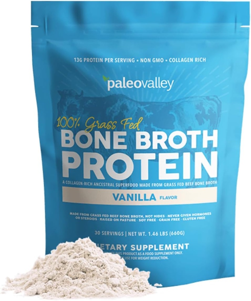 Paleodal 100% Græs Fed Oksekød Bone Broth Protein Powder - Rich in Collagen Peptider til hår, hud, tandkød, ben og fælles støtte - 15g Protein Per Servering - Ingen gluten eller GMO 'er - Vanilla