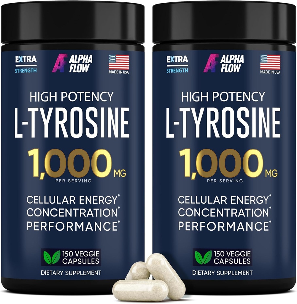 [2 Pack] L- Tyrosine 1000MG kapsler - Natural L Tyrosine supplement til børn og voksne - Energy Boost og hjerne supplement - 2x styrken af L- Tyrosine 500 mg kapsler - 300 Vegan LTyrosine kapsler