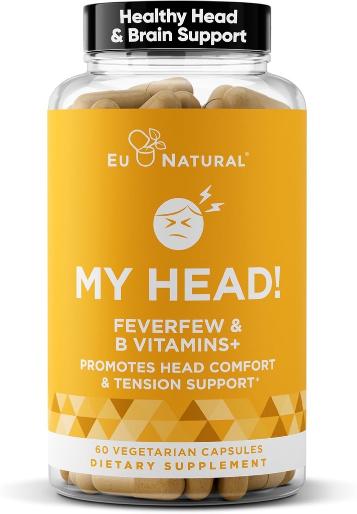 Mit hoved! Hovedpine Vitaminer - følsomhed, spænding, comfort, sund hovedfunktion for et klart sind - hurtigt virkende Magnesium, feberfå, Boswellia, D-vitamin, Ingefær, & mere - 60 bløde kapsler