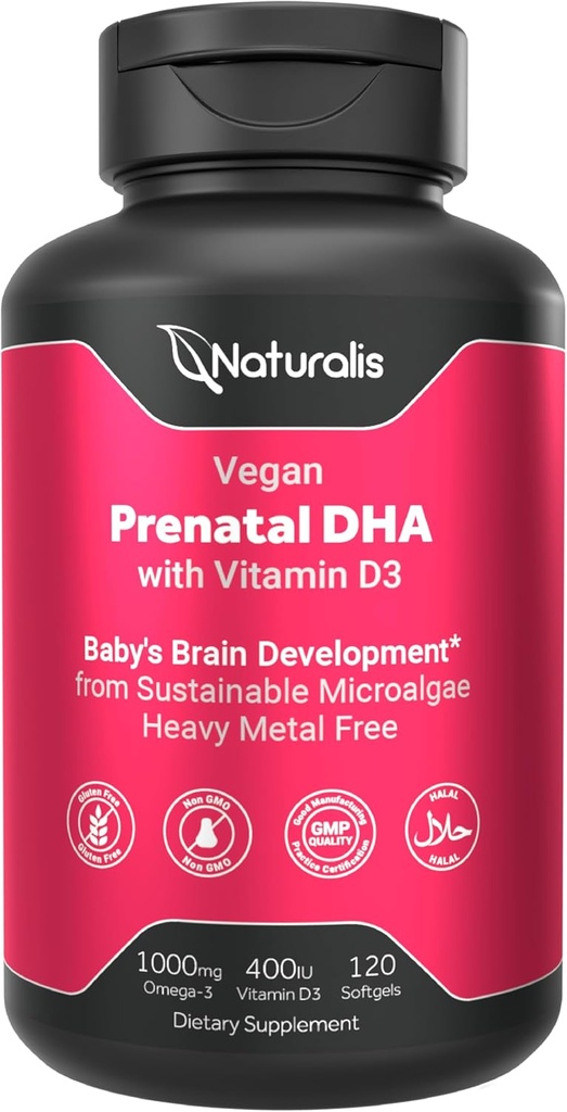 Naturalis Vegan Prenatal med fuld Specrum Omega-3 Myint 124; Algae DHA, EPA, DPA, Vitamin D3 & Active Foly L 5- MTHF - 124; Vegan Society Certified, Sustainable Sourced, Non- GMO & Soy Free