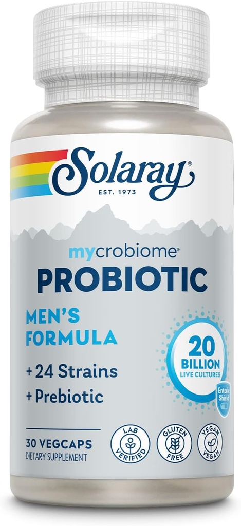 SOLARAY Mycrobiome Probiotiske Mænd Formel, Probiotika til mænd, Gut sundhed, fordøjelse, immunfunktion & mere, 20 milliarder CFU Herre Probiotik, 24 Sprains Plus Prebiotic, 30 Servere, 30 VegCaps