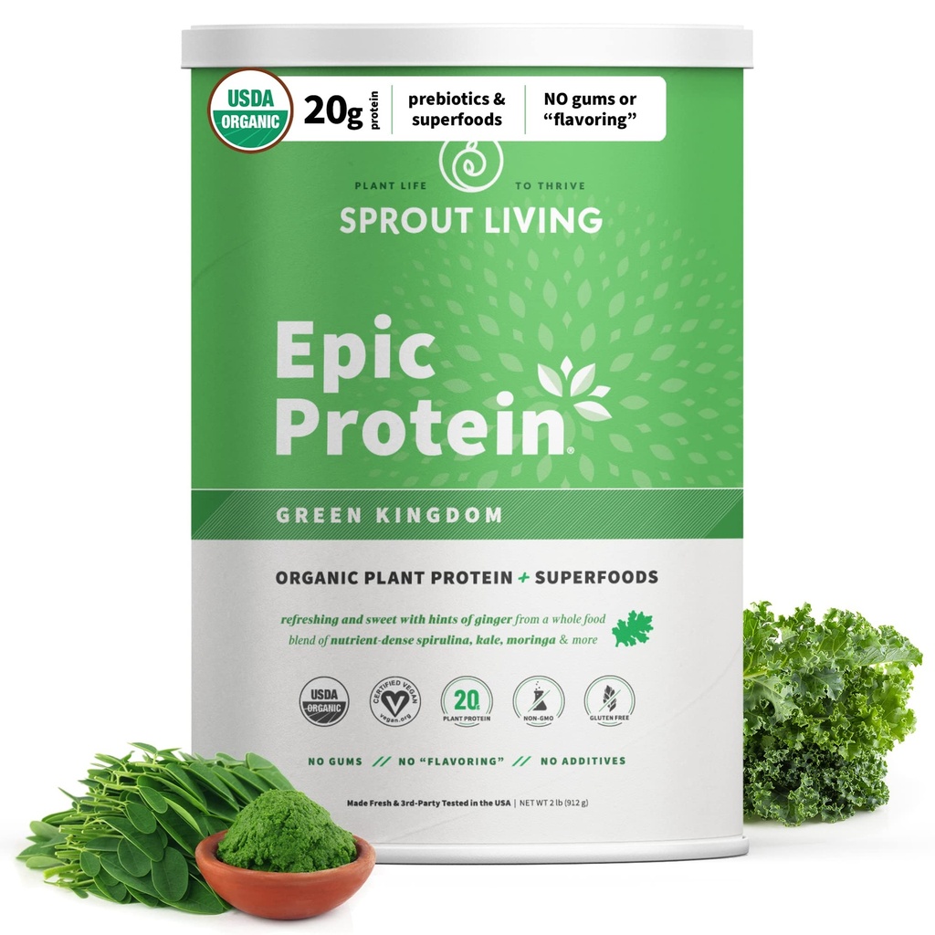 Sprud Living Epic Protein, Plant Based Protein & Superfoods Powder, Green Kingdom, 124; 20 Bedste Organic Protein Powder, Grønne, Vegan, Non Dairy, Non-GMO, Gluten Free, Low Sugar (2 Pund, 24 Servere)