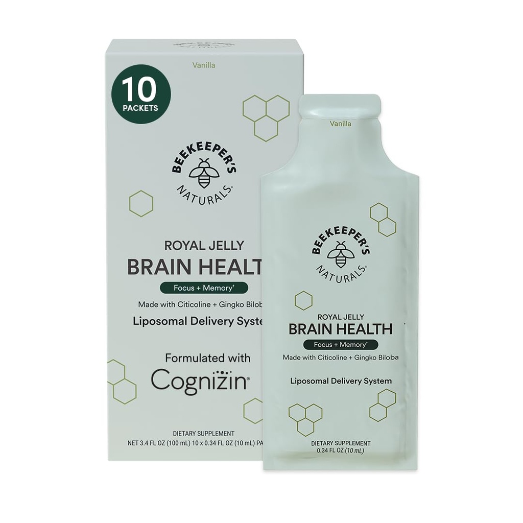 Nootrop Brain supplement af Beekeeper 's Naturals, 500 mg Citocoline, Ginkgo Biloba, Bacopa Monnieri & Royal Jelly, Understøtter Focus & Memory, Nemmere Absorption, Plus en Tasty Vanilla Flavor, 10ct