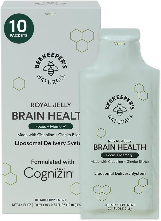 Nootrop Brain supplement af Beekeeper 's Naturals, 500 mg Citocoline, Ginkgo Biloba, Bacopa Monnieri & Royal Jelly, Understøtter Focus & Memory, Nemmere Absorption, Plus en Tasty Vanilla Flavor, 10ct