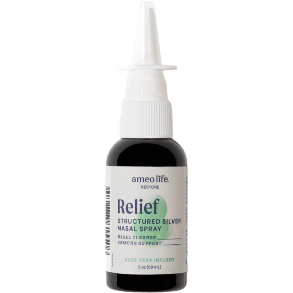 Ameo Life Aloe- Infused Kolloid Sølv Nasal Spray 24 PPM - Næsespray med naturlige ingredienser til lindring af nasal kongestion, Sinus Congestion, Mucus, & Irritation - til daglig brug (2 oz)