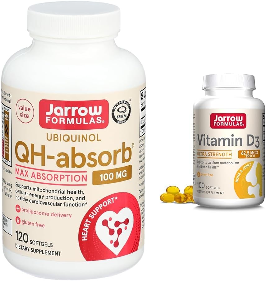 Jarrow Formulas QH-Absorb 100 mg Max Absorption - CoQ10 Ubiquinol & Vitamin D3 62.5 mcg (2,500 IU) - 100 Servings (Softgels)