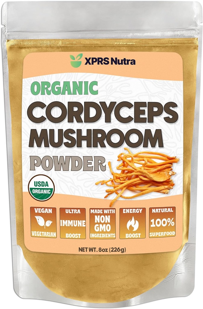 XPRS Nutra Organic Cordyceps Mushroom Powder - Premium Cordyceps Svampe - Real Mushrooms Cordyceps Powder supplement til energi og immunforsvar - Vegan- Friendly Mushroom Cordyceps (8 oz)