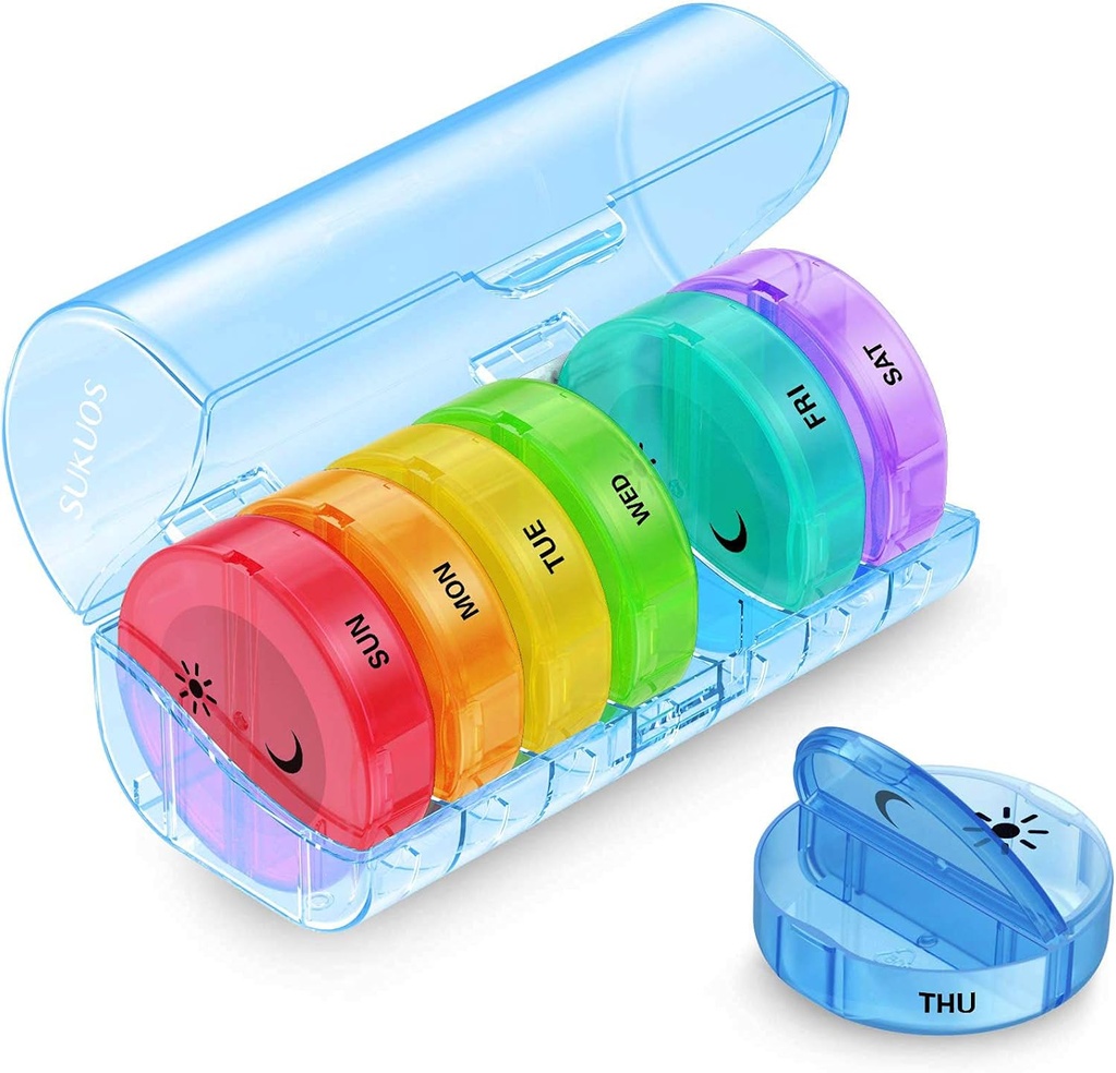 Sukuos Stor Ugentlig Pill Organizer 2 gange om dagen, Daily Pill Box 7 dag let at åbne med dobbelt beskyttelse, AM PM Pill sag for medicin / Vitamin / Fish Oil / Kosttilskud (blå)