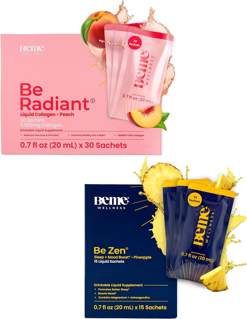 BeMe BeRadiant Peach & BeZen Bundle - Flydende kollagen & Magnesium Glycinate L- Theanin Kosttilskud