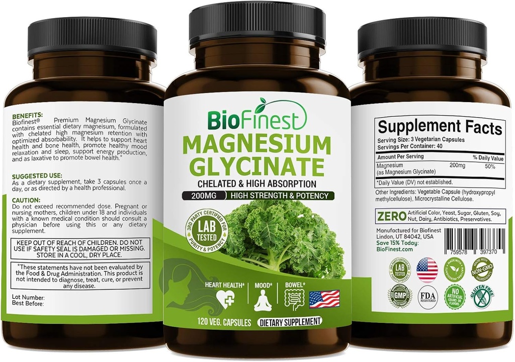 Biobrillerne Chelated Magnesium Glycinate 200mg Supplement - Sund hjerte tarmbevægelse Immunenergi Metabolisme Mood Sleep - Made in USA (120 kapsler)