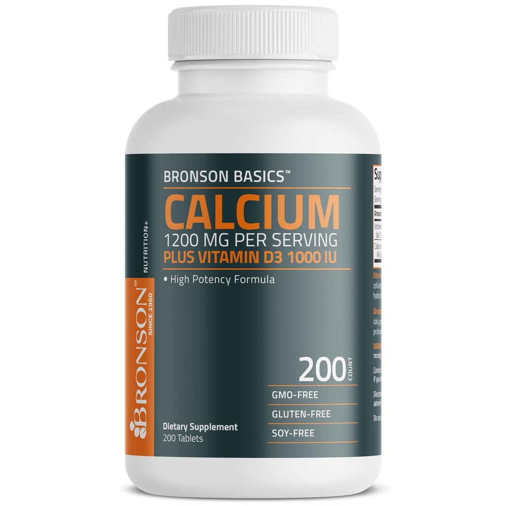 Bronson Calcium 1200mg Per servering Plus D3- vitamin 1000 IE højpotens Formel, non- GMO, 200 tabletter